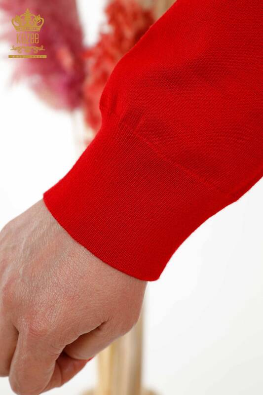 Wholesale Women's Knitwear Sweater - Basic - With Logo - Red - 30213 | KAZEE