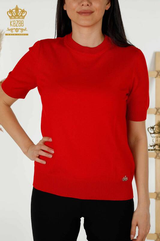 Wholesale Women's Knitwear Sweater - Basic - With Logo - Red - 30254 | KAZEE