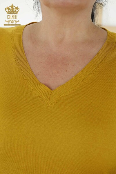 Wholesale Women's Knitwear Sweater - Basic - With Logo - Saffron - 30181 | KAZEE - Thumbnail