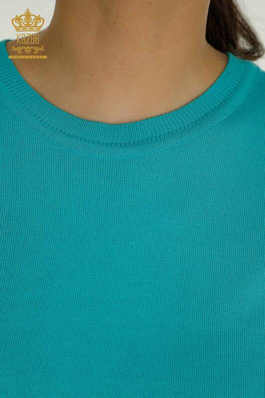 Wholesale Women's Knitwear Sweater Basic with Logo Turquoise - 11052 | KAZEE