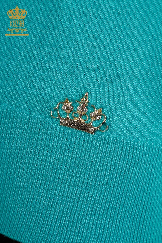 Wholesale Women's Knitwear Sweater Basic with Logo Turquoise - 11052 | KAZEE - 4