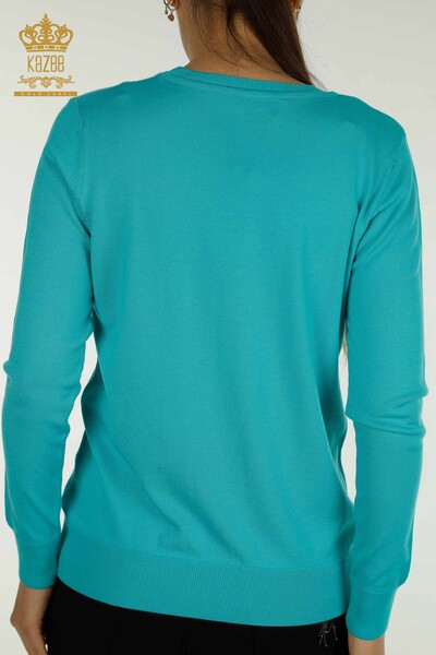 Wholesale Women's Knitwear Sweater Basic with Logo Turquoise - 11052 | KAZEE - Thumbnail