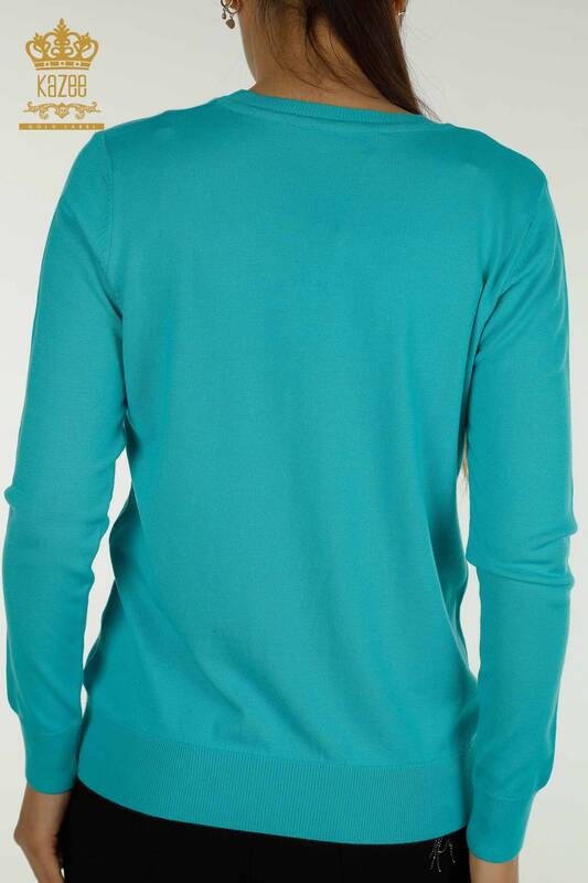 Wholesale Women's Knitwear Sweater Basic with Logo Turquoise - 11052 | KAZEE