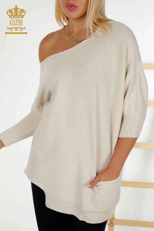 Wholesale Women's Knitwear Sweater - Basic - Pocket - Beige - 30237 | KAZEE