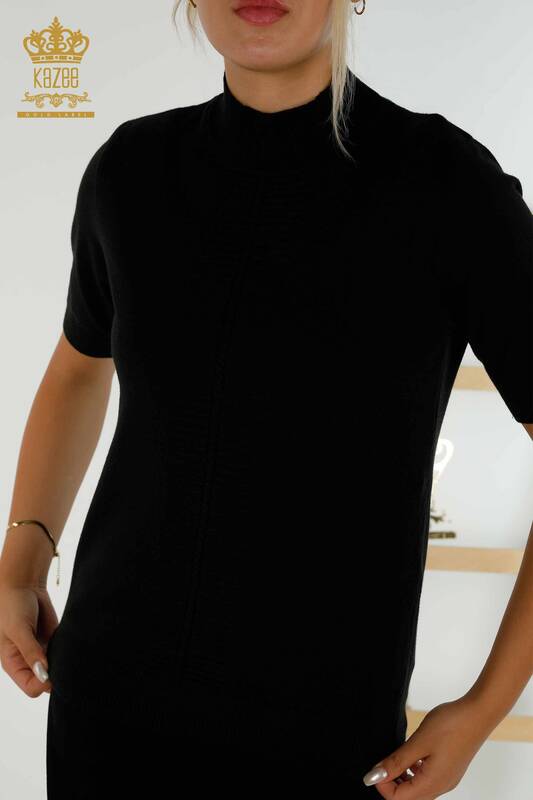 Wholesale Women's Knitwear Sweater Basic Short Sleeve Black - 30334 | KAZEE