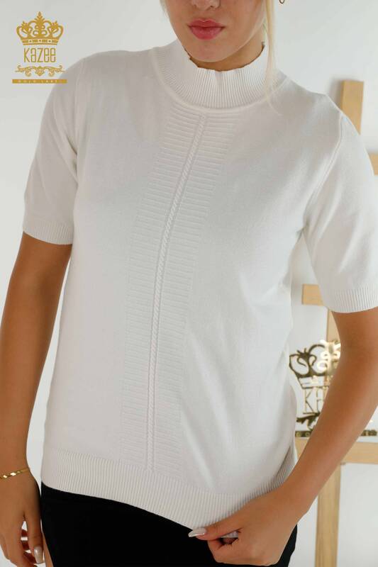 Wholesale Women's Knitwear Sweater Basic Short Sleeve Ecru - 30334 | KAZEE