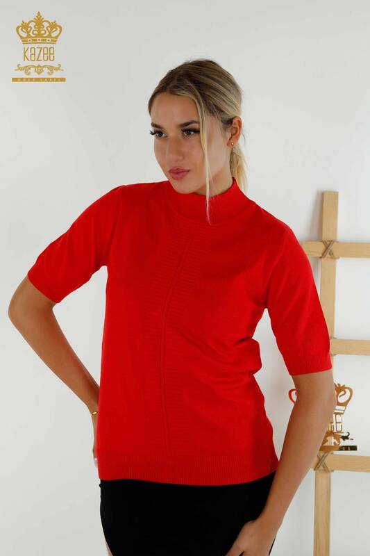 Wholesale Women's Knitwear Sweater Basic Short Sleeve Red - 30334 | KAZEE