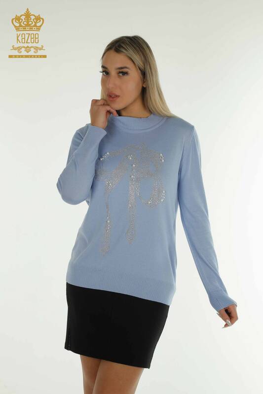 Wholesale Women's Knitwear Sweater Beaded Stone Embroidered Blue - 30672 | KAZEE