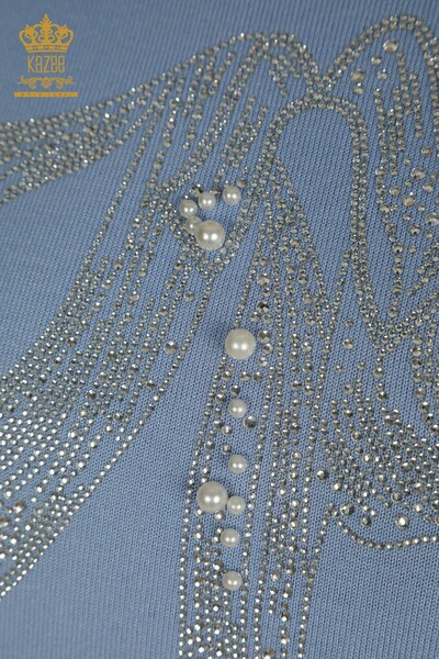 Wholesale Women's Knitwear Sweater Beaded Stone Embroidered Blue - 30672 | KAZEE - Thumbnail
