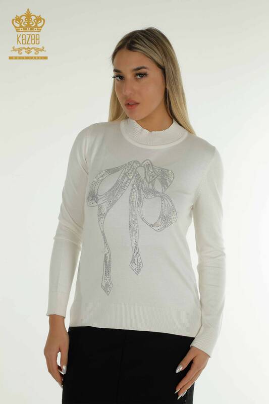 Wholesale Women's Knitwear Sweater Beaded Stone Embroidered Ecru - 30672 | KAZEE