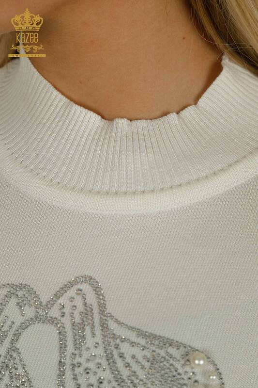 Wholesale Women's Knitwear Sweater Beaded Stone Embroidered Ecru - 30672 | KAZEE
