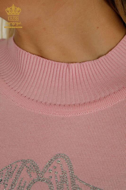 Wholesale Women's Knitwear Sweater Beaded Stone Embroidered Pink - 30672 | KAZEE
