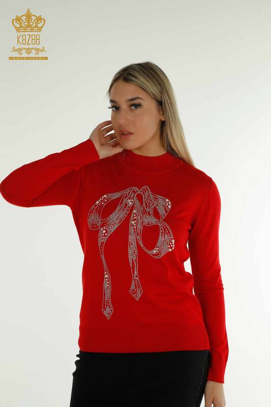 Wholesale Women's Knitwear Sweater Beaded Stone Embroidered Red - 30672 | KAZEE