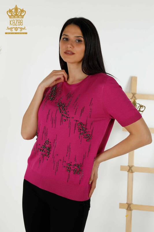 Wholesale Women's Knitwear Sweater - Beads Stone Embroidered - Fuchsia - 30117 | KAZEE