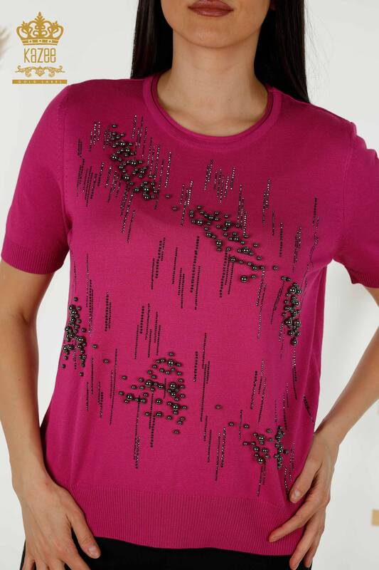 Wholesale Women's Knitwear Sweater - Beads Stone Embroidered - Fuchsia - 30117 | KAZEE