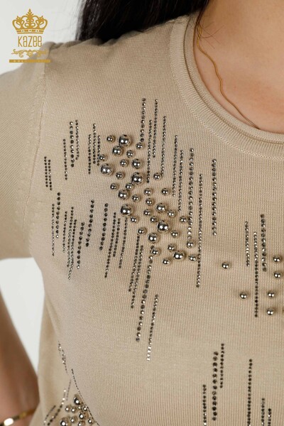 Wholesale Women's Knitwear Sweater - Beads Stone Embroidered - Light Beige - 30117 | KAZEE - Thumbnail