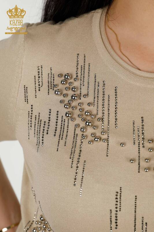 Wholesale Women's Knitwear Sweater - Beads Stone Embroidered - Light Beige - 30117 | KAZEE