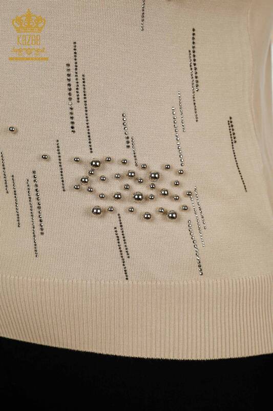 Wholesale Women's Knitwear Sweater - Beads Stone Embroidered - Light Beige - 30117 | KAZEE