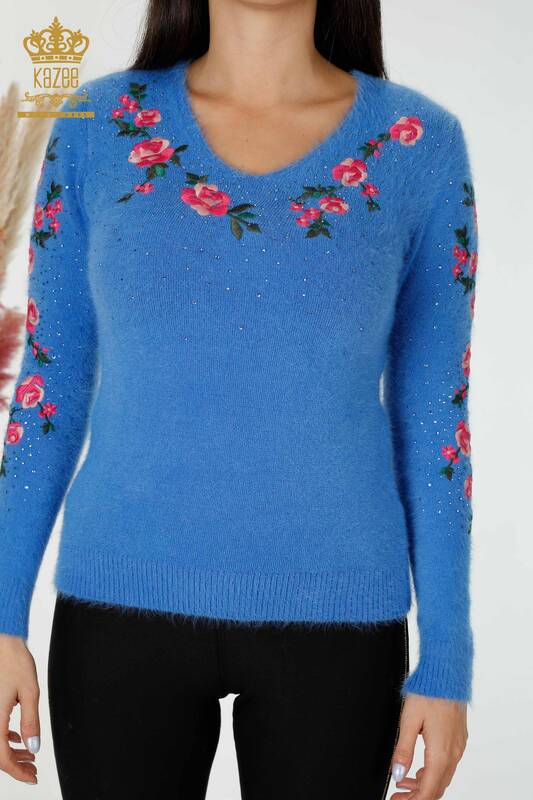 Wholesale Women's Knitwear Sweater Crew Neck Blue - 18916 | KAZEE