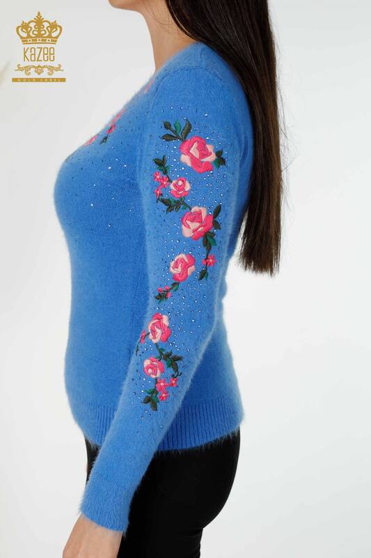 Wholesale Women's Knitwear Sweater Crew Neck Blue - 18916 | KAZEE