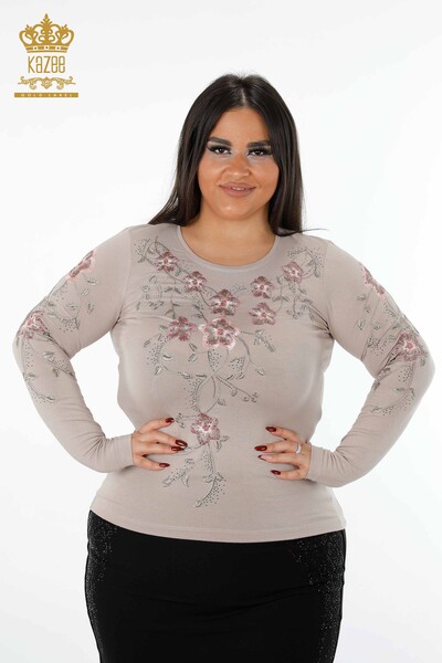 Wholesale Women's Knitwear Sweater Crew Neck Flower Patterned Stone Embroidery - 79017 | KAZEE - Thumbnail