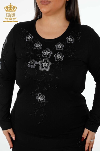 Wholesale Women's Knitwear Sweater Crew Neck Flower Patterned Stone Embroidery - 79017 | KAZEE - Thumbnail