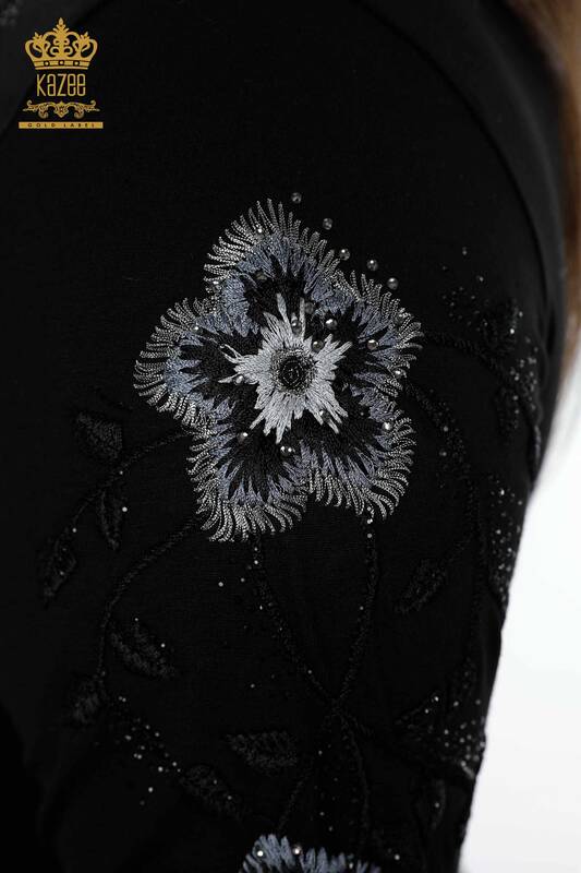 Wholesale Women's Knitwear Sweater Crew Neck Flower Patterned Stone Embroidery - 79017 | KAZEE