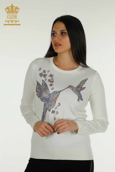Wholesale Women's Knitwear Sweater Bird Embroidered Ecru - 30401 | KAZEE 