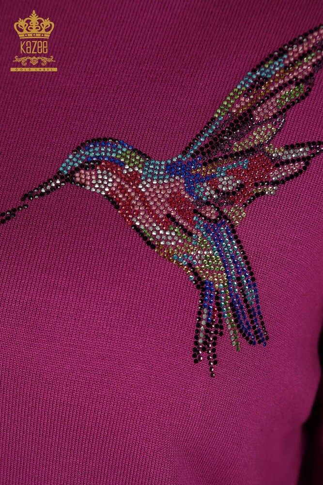 Wholesale Women's Knitwear Sweater Bird Embroidered Fuchsia - 30401 | KAZEE - 4