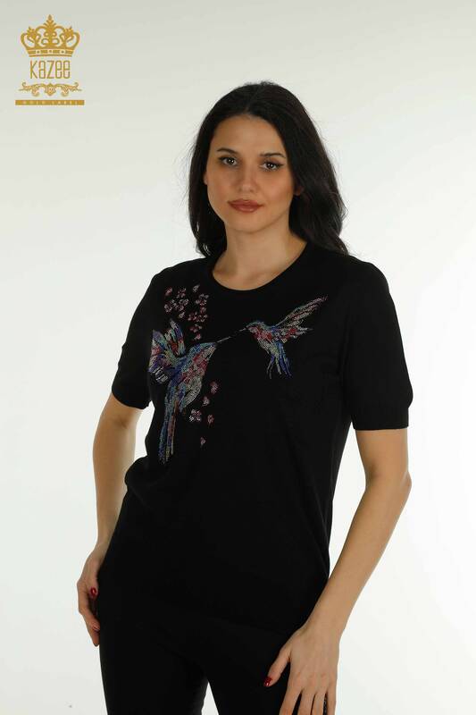 Wholesale Women's Knitwear Sweater Bird Patterned Black - 30456 | KAZEE