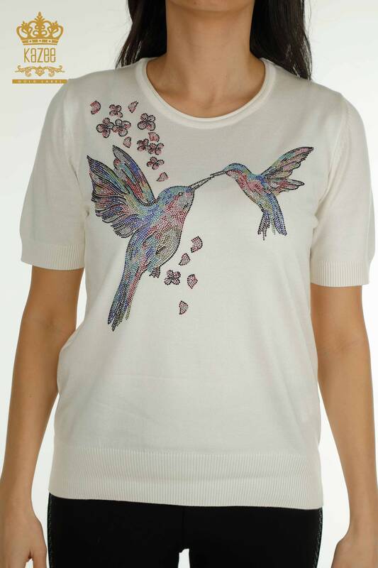 Wholesale Women's Knitwear Sweater Bird Patterned Ecru - 30456 | KAZEE