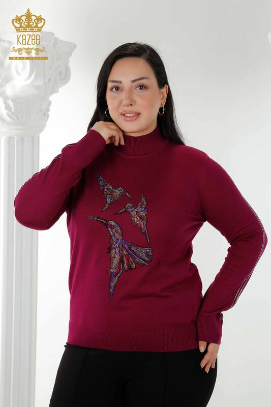 Wholesale Women's Knitwear Sweater Bird Patterned Purple - 16459 | KAZEE
