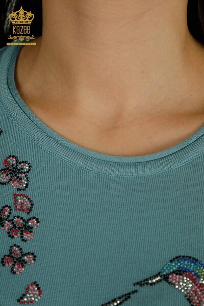 Wholesale Women's Knitwear Sweater Bird Patterned Mint - 30456 | KAZEE - Thumbnail