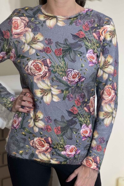 Wholesale Women's Knitwear Sweater Floral Digital Print Angora - 18817 | KAZEE - Thumbnail