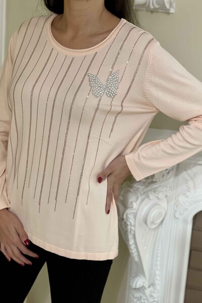 Wholesale Women's Knitwear Sweater With Butterfly Detail Embroidered Stone - 15587 | KAZEE - Thumbnail