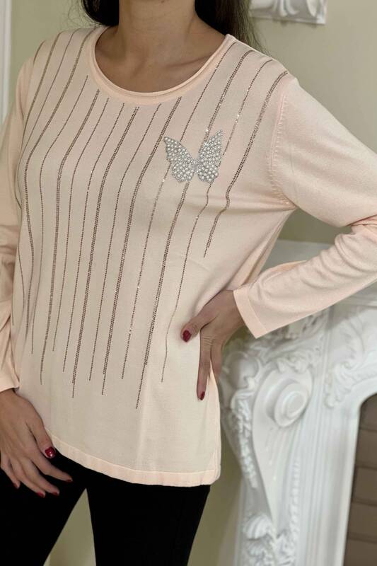 Wholesale Women's Knitwear Sweater With Butterfly Detail Embroidered Stone - 15587 | KAZEE
