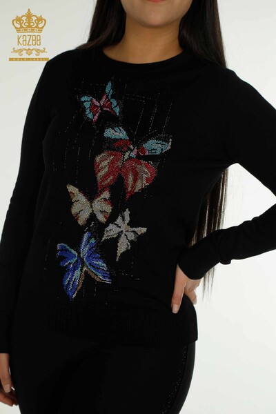 Wholesale Women's Knitwear Sweater Butterfly Embroidered Black - 30215 | KAZEE - Thumbnail
