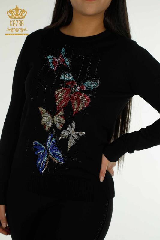Wholesale Women's Knitwear Sweater Butterfly Embroidered Black - 30215 | KAZEE