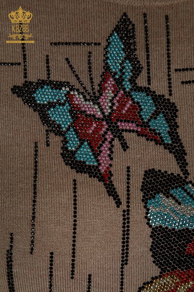 Wholesale Women's Knitwear Sweater Butterfly Embroidered Mink - 30215 | KAZEE - Thumbnail