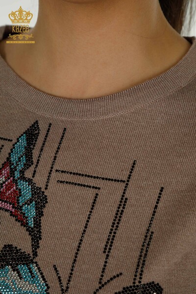 Wholesale Women's Knitwear Sweater Butterfly Embroidered Mink - 30215 | KAZEE - Thumbnail