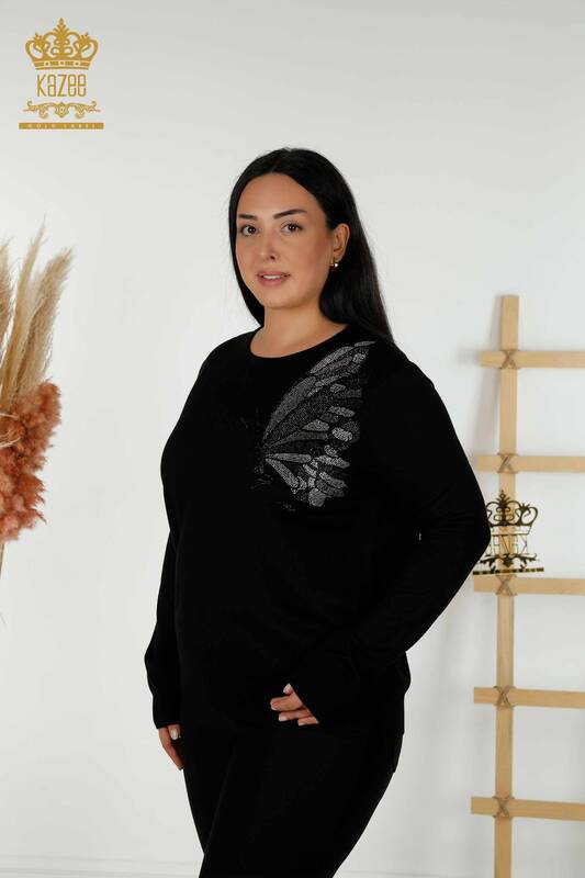 Wholesale Women's Knitwear Sweater Butterfly Patterned Black - 16958 | KAZEE