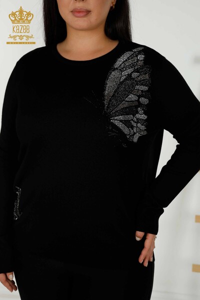 Wholesale Women's Knitwear Sweater Butterfly Patterned Black - 16958 | KAZEE - Thumbnail