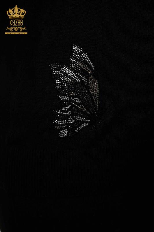Wholesale Women's Knitwear Sweater Butterfly Patterned Black - 16958 | KAZEE