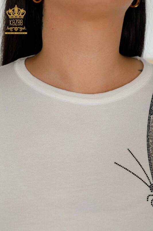Wholesale Women's Knitwear Sweater Butterfly Patterned Ecru - 16958 | KAZEE