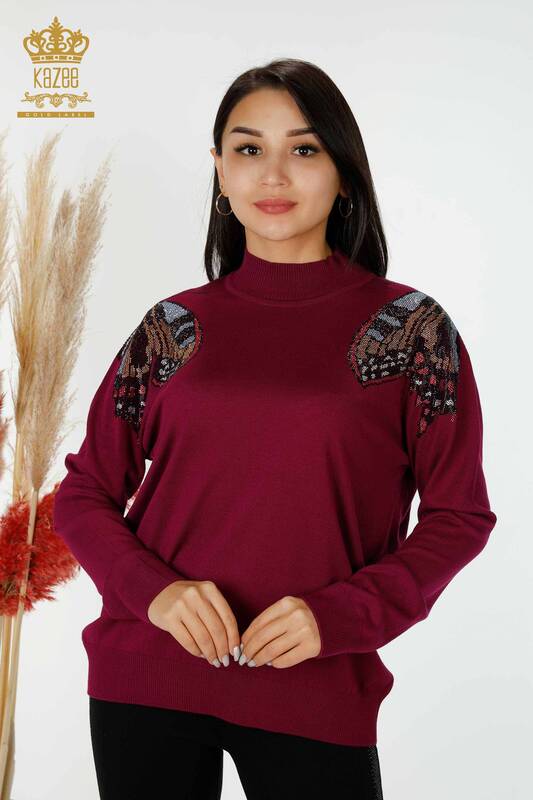 Wholesale Women's Knitwear Sweater Butterfly Patterned Purple - 30004 | KAZEE