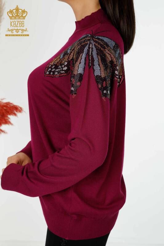 Wholesale Women's Knitwear Sweater Butterfly Patterned Purple - 30004 | KAZEE