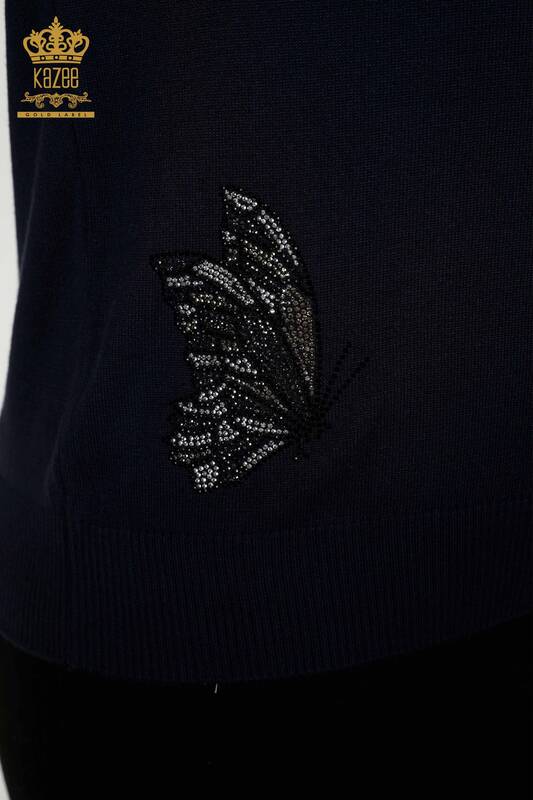Wholesale Women's Knitwear Sweater Butterfly Patterned Navy - 16958 | KAZEE