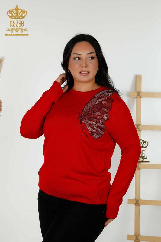 Wholesale Women's Knitwear Sweater - Butterfly Pattern - Red - 16958 | KAZEE
