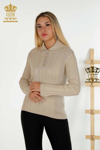 Wholesale Women's Knitwear Sweater Button Detailed Beige - 30134 | KAZEE - Thumbnail