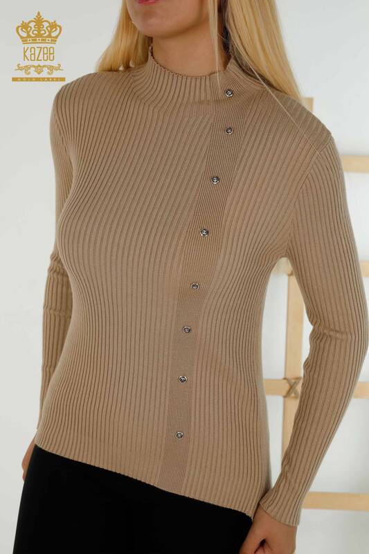 Wholesale Women's Knitwear Sweater Button Detailed Beige - 30394 | KAZEE